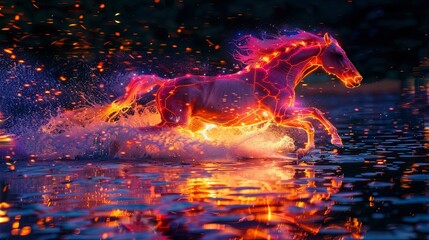 Mystical fire horse symbolizing the power of the natural element. A hoofed animal (stallion or mare) running fast. Illustration for cover, card, interior design, brochure or presentation.