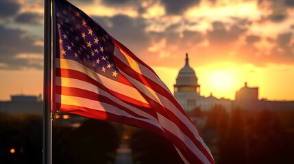 Waving American flag at golden hour over the United States Capitol dome at Independence day.