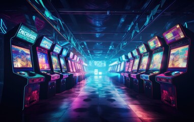 Vibrant arcade hall illuminated with neon lights featuring retro video game machines at night.