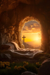 The empty tomb of the crucifixion of Jesus. Easter or resurrection motif. - obrazy, fototapety, plakaty