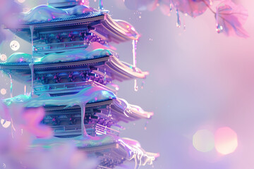 Temple of China illustration, temple of glass, pink. AI Generated.
