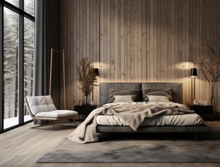 Modern wooden bedroom interior with cozy fireplace and forest wall art.