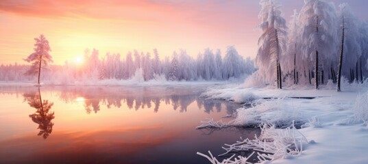 Serene winter sunrise by a frozen lake surrounded by snow covered trees.
