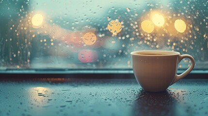 Rainy summer day morning with cup of coffee on window. Background concept - obrazy, fototapety, plakaty