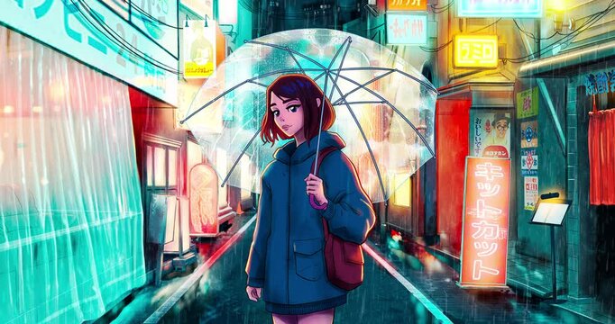 A 2D anime cartoon of a teenager holding an umbrella during rain at night