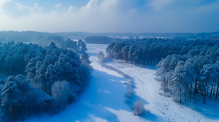 Winter Wonderland. Aerial View of Frosty Forest Landscape