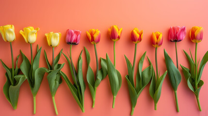 a row of different colored tulips on a pink and orange background, with green stems in the middle of the row. - obrazy, fototapety, plakaty