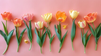 a row of tulips on a pink background with green stems and orange ones in the middle of the row. - obrazy, fototapety, plakaty