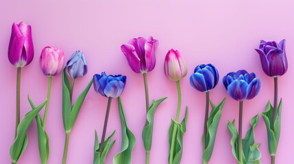 a group of purple and pink tulips on a pink background with green stems on each side of the tulip. - obrazy, fototapety, plakaty