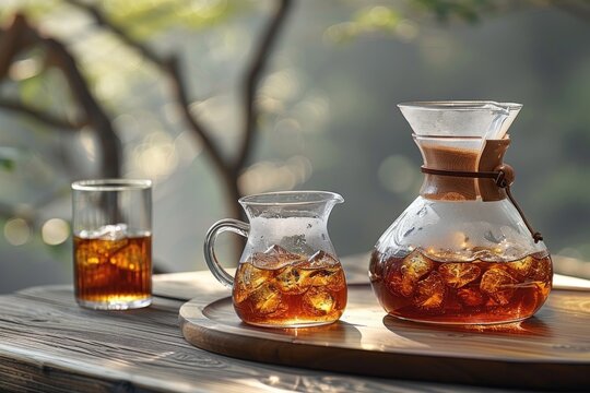 Outdoor cold brew coffee setup with glass carafe and ice-filled jug on a wooden table, backlit by soft sunlight through trees.