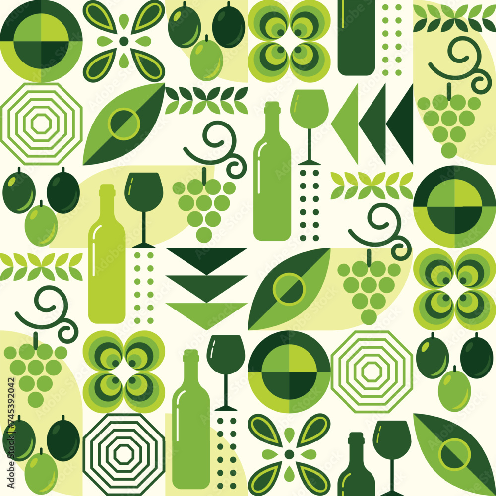 Poster white wine theme background with design elements in simple geometric style. seamless pattern with ab