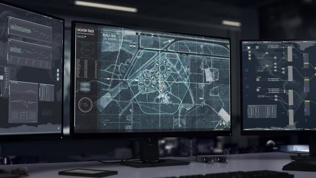 Network analysis technology looking for the rival army location. Network location analysis software examining the selected area. Network analysis system identifies the location of the secret base.