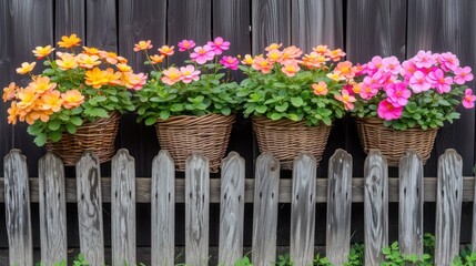 a wooden fence with three baskets of flowers on top of it and a row of flowers in the middle of the fence.