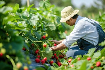 A farmer wearing a sun hat is harvesting strawberries in a field