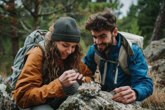 Active couple with backpacks engaged in examining crystals on a moss-covered rock in a pine forest.