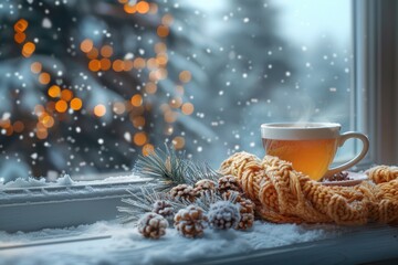 Cozy winter scene with a steaming cup on a window sill, wrapped in a knitted scarf, with snowflakes and a frosted plant outside. Place for text