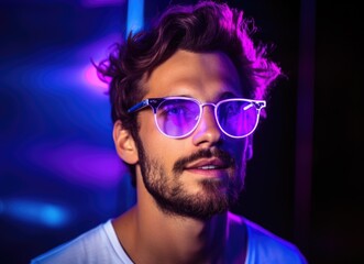 Obraz premium Man with glasses standing in front of purple light.