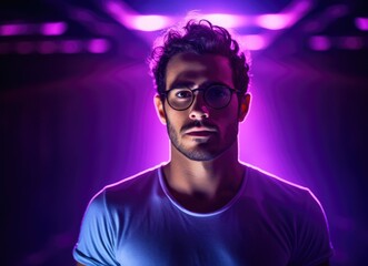 Man With Glasses Standing in Front of Purple Light