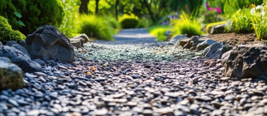 A path lined with gravel, rocks, and various green plants in the background. The gravel path winds through the landscape, surrounded by textured rocks and lush foliage.