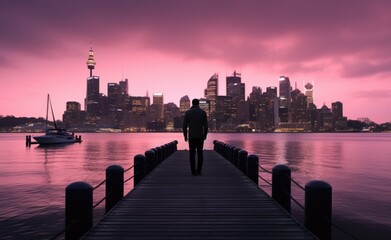 Woman Standing on Pier, City View