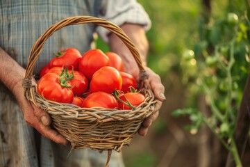Fototapeta na wymiar Person holding a basket of tomatoes, a staple food and natural ingredient