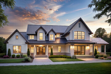 Twilight Elegance: Beautiful Modern Farmhouse Style Luxury Home Exterior