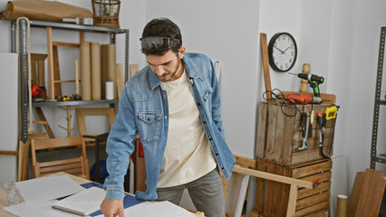 A young bearded man in a denim jacket drafting plans in a carpentry workshop full of tools and wood.