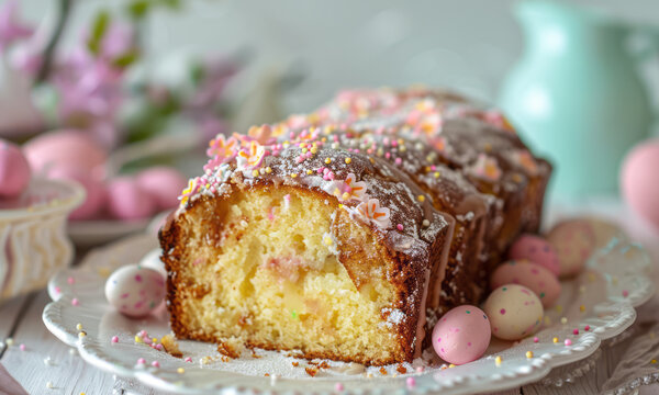 Tasty decorated traditional easter cake and colorful painted Eggs, spring holiday food