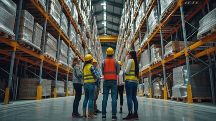 A team of warehouse workers in safety vests engage in a group discussion in a large modern logistics center. AIG41