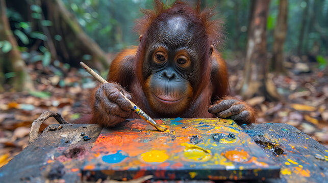 Artistic Ape. Orangutan with a Brush