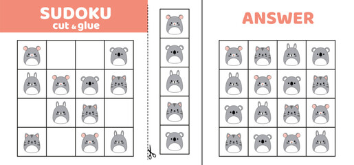 Sudoku with grey animals. Squishmallow. Game puzzle for kids. Cut and glue. Cartoon