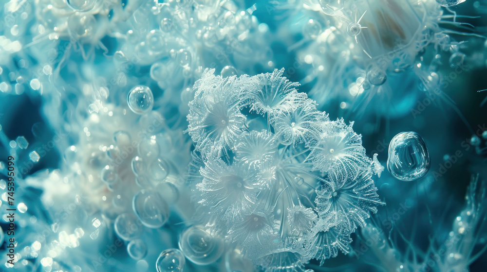 Poster a close up of a bunch of bubbles floating in the air on a blue and white background with water dropl