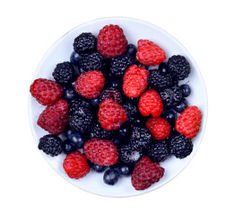 blackberry and raspberry on the plate, on transparent, png. Top view. Flat lay. raspberries, blackberries berries