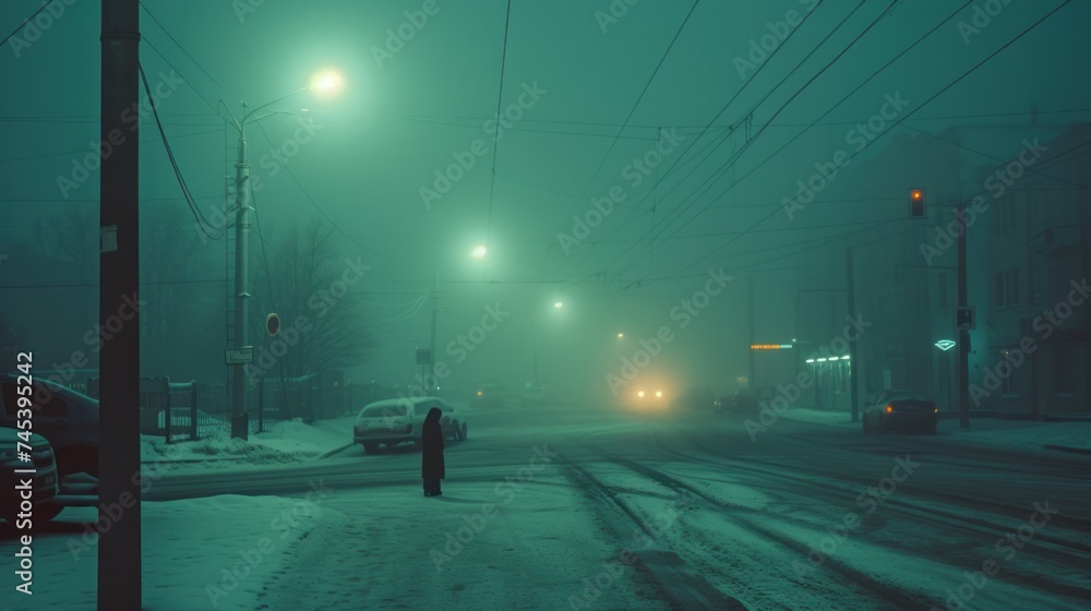 Poster a person standing in the middle of a snow covered street at night with street lights and cars on the side of the road.