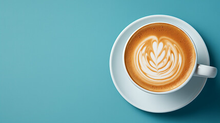 Cappuccino with Latte Art on Blue Background - Aromatic Coffee Presentation