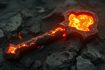 A very dangerous key burning in the middle of the obsidian field. Generative AI. - obrazy, fototapety, plakaty