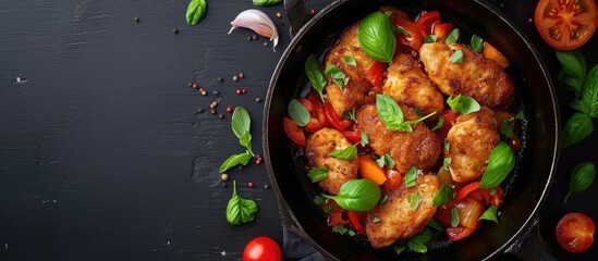 A pan filled with fried chicken fillet, tomatoes, garlic, onions, bell peppers, basil, and green seasoning sits atop a wooden table in a restaurant setting, ready to be served as a healthy dinner