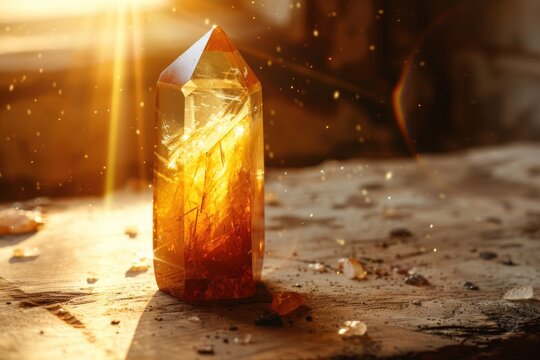 A close-up view of a luminous citrine crystal's point, glowing warmly as it catches the light, with a bokeh effect in the background. Place for text