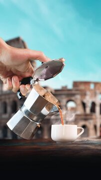 Enjoying espresso in front of the Colosseum in Rome. Vertical, happy week video
