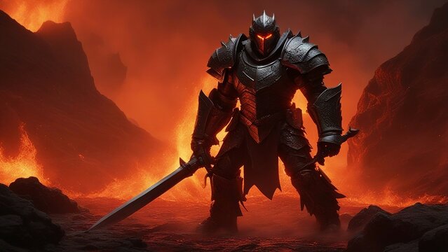 knight on the fire A daring knight challenges a lava dragon demon in a volcanic realm. The knight is clad in   metal
