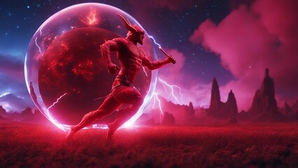 Obraz premium alien planet in space highly intricately photograph of Red dragon devil with trident in cartoon style running on land inside a glass orb with lightning 