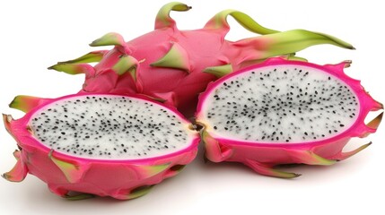 a dragon fruit cut in half and sitting on a white surface with one cut in half to show the inside of the fruit.
