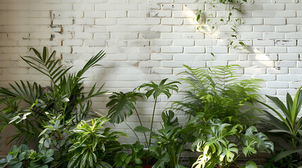 Verdejantes Plantas em Vaso Contra Parede Branca iluminadas por Luz Natural Suave