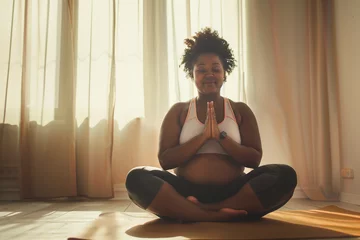 Gordijnen Close-up of full-figured relaxed black woman doing yoga at her living room. © Ira_Shpiller