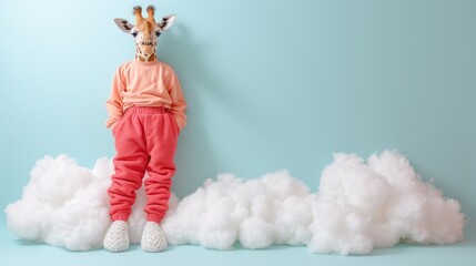 a giraffe standing on top of a pile of cotton next to a giraffe's head.