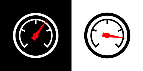 Icon pressure gauge, tachometer or speedometer. The dial of a device for measuring pressure or speed. Device with an arrow. Barometer pictogram for measuring pressure.