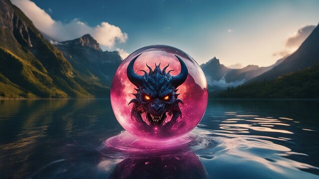 sunrise over the lake highly intricately photograph of T-shirt design with dragon demon monster head on white background. in a crystal ball 