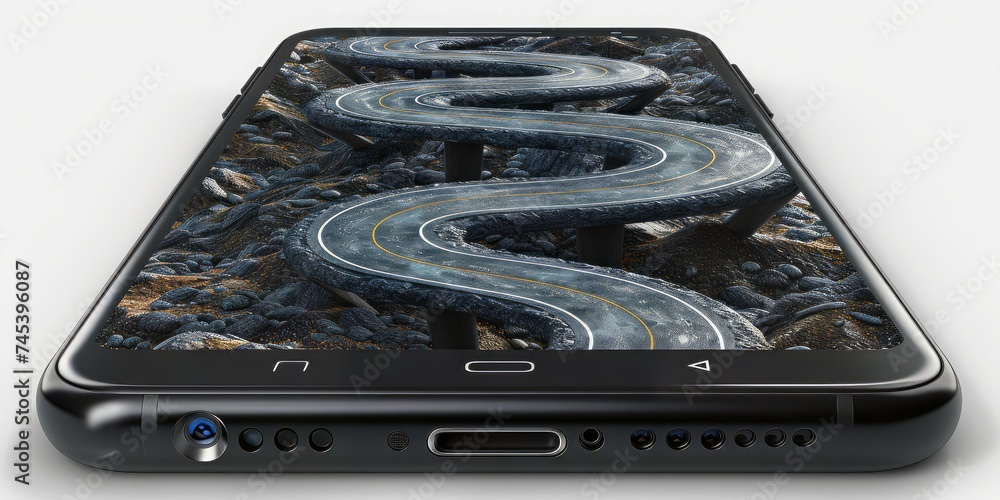 Poster A Cutting-Edge Smartphone Design with a Winding Road Display, Emphasizing the Versatility of Modern Technology, Generative AI