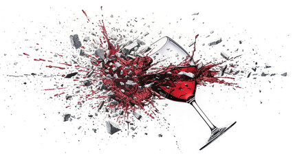 a drawing of a glass of wine with red paint splattered on it's side and a broken glass of wine in the middle.