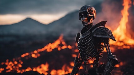 fire in the forest Burning dragon demon skeleton knight over volcano 
